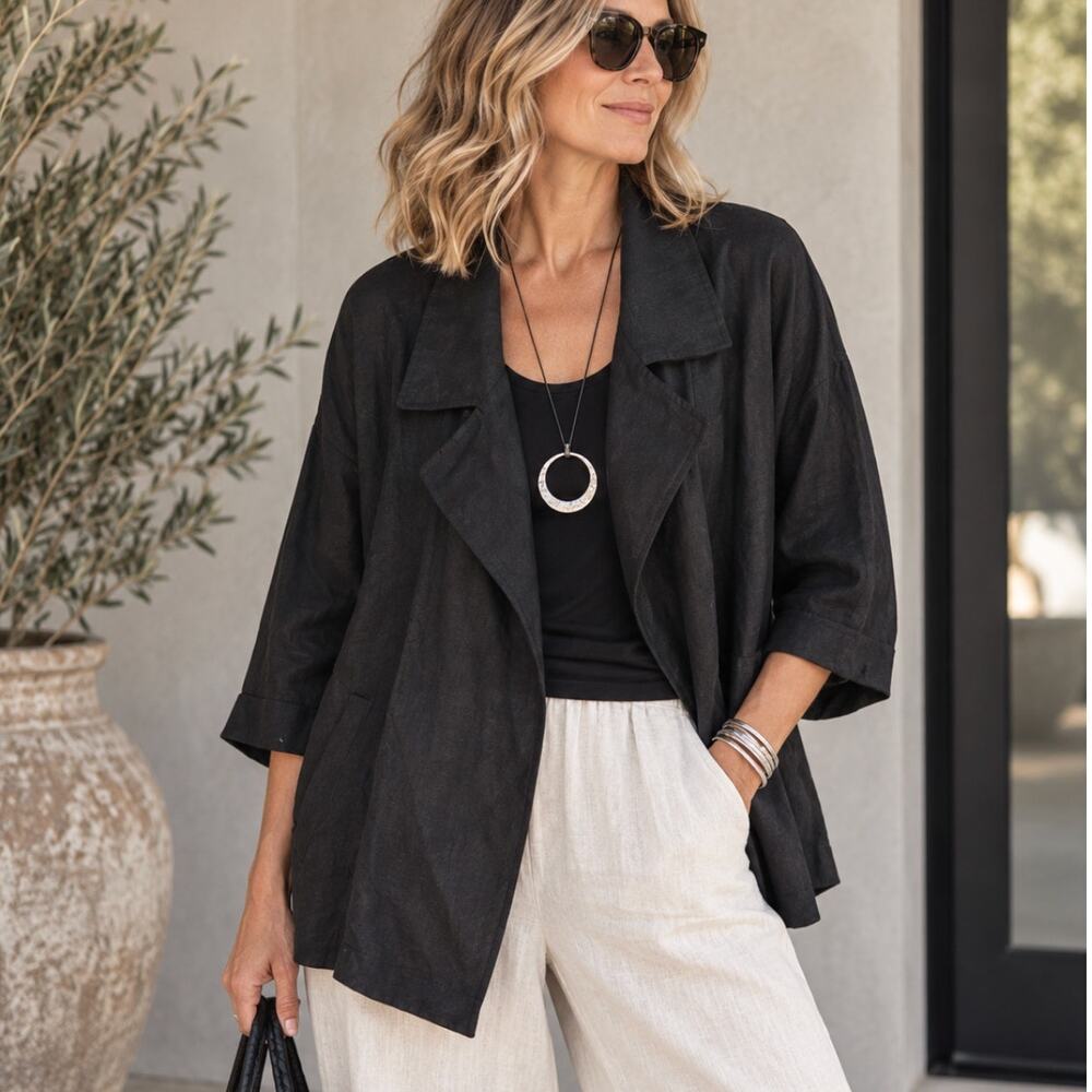Eileen Fisher Black Linen Lyocell Jacket M Open Front Lagenlook Relaxed Blazer